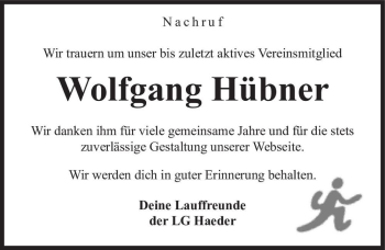 Traueranzeige von Wolfgang Hübner  von Magdeburger Volksstimme