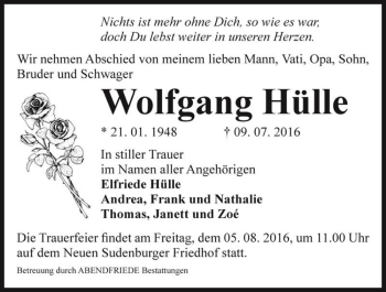 Traueranzeige von Wolfgang Hülle  von Magdeburger Volksstimme