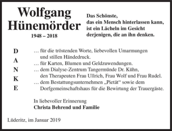 Traueranzeige von Wolfgang Hünemörder  von Magdeburger Volksstimme