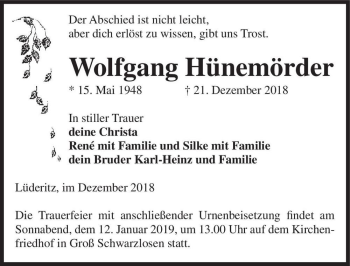 Traueranzeige von Wolfgang Hünemörder  von Magdeburger Volksstimme