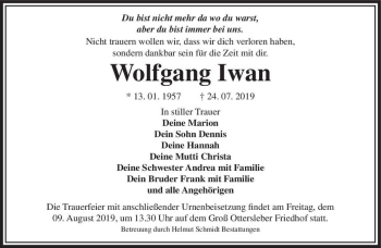Traueranzeige von Wolfgang Iwan  von Magdeburger Volksstimme