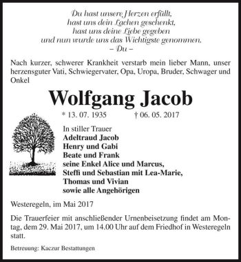 Traueranzeige von Wolfgang Jacob  von Magdeburger Volksstimme