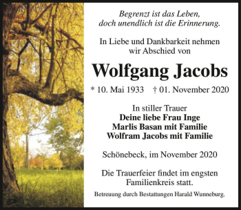 Traueranzeige von Wolfgang Jacobs  von Magdeburger Volksstimme