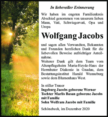 Traueranzeige von Wolfgang Jacobs  von Magdeburger Volksstimme