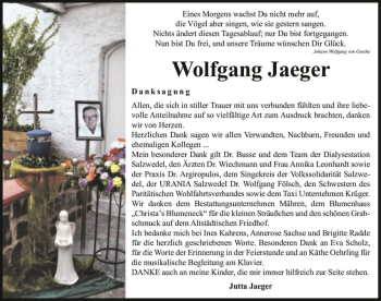Traueranzeige von Wolfgang Jaeger  von Magdeburger Volksstimme