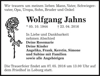 Traueranzeige von Wolfgang Jahns  von Magdeburger Volksstimme
