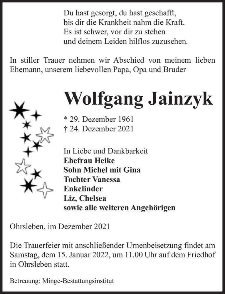  Traueranzeige für Wolfgang Jainzyk  vom 31.12.2021 aus Magdeburger Volksstimme