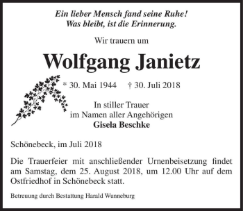 Traueranzeige von Wolfgang Janietz  von Magdeburger Volksstimme