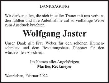 Traueranzeige von Wolfgang Jaster  von Magdeburger Volksstimme
