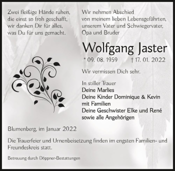 Traueranzeige von Wolfgang Jaster  von Magdeburger Volksstimme