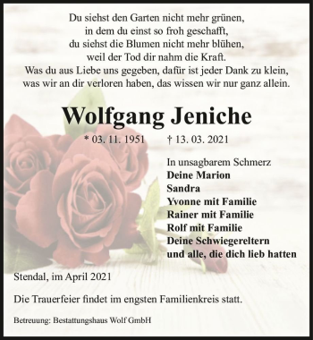 Traueranzeige von Wolfgang Jeniche  von Magdeburger Volksstimme