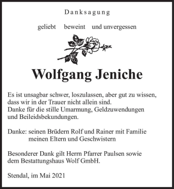 Traueranzeige von Wolfgang Jeniche  von Magdeburger Volksstimme