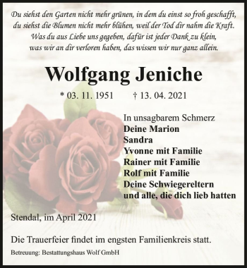 Traueranzeige von Wolfgang Jeniche  von Magdeburger Volksstimme