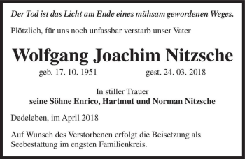 Traueranzeige von Wolfgang Joachim Nitzsche  von Magdeburger Volksstimme