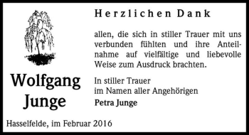 Traueranzeige von Wolfgang Junge  von Magdeburger Volksstimme