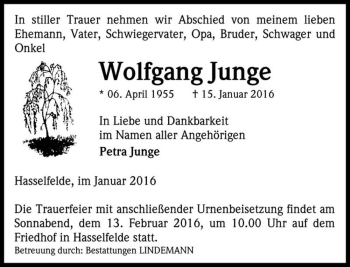 Traueranzeige von Wolfgang Junge  von Magdeburger Volksstimme