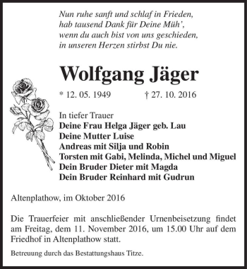 Traueranzeige von Wolfgang Jäger  von Magdeburger Volksstimme