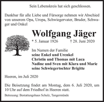 Traueranzeige von Wolfgang Jäger  von Magdeburger Volksstimme