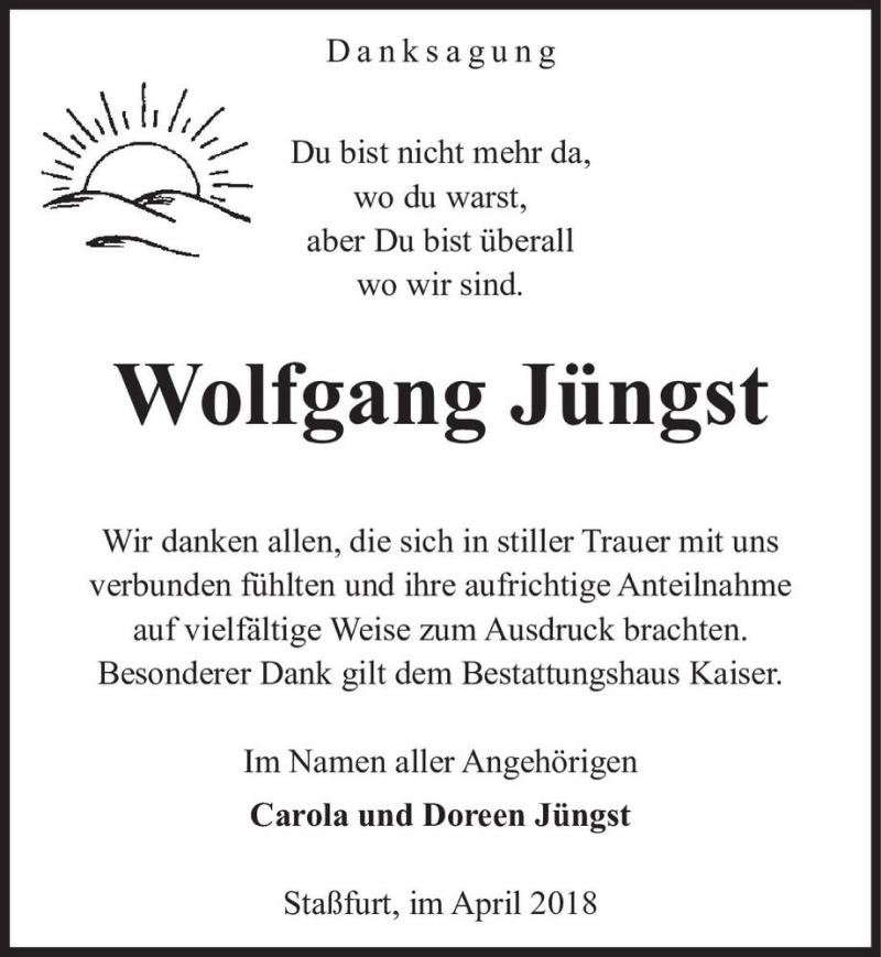  Traueranzeige für Wolfgang Jüngst  vom 28.04.2018 aus Magdeburger Volksstimme