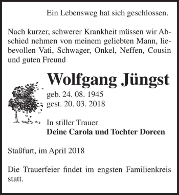 Traueranzeige von Wolfgang Jüngst  von Magdeburger Volksstimme