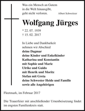 Traueranzeige von Wolfgang Jürges  von Magdeburger Volksstimme