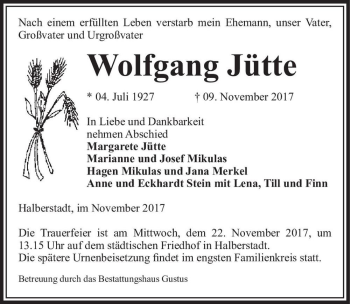 Traueranzeige von Wolfgang Jütte  von Magdeburger Volksstimme