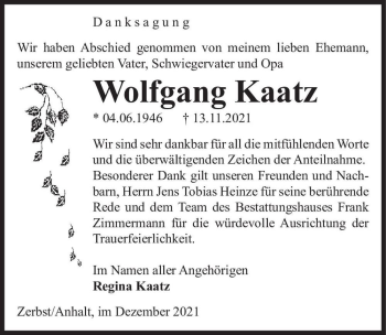 Traueranzeige von Wolfgang Kaatz  von Magdeburger Volksstimme