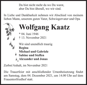 Traueranzeige von Wolfgang Kaatz  von Magdeburger Volksstimme