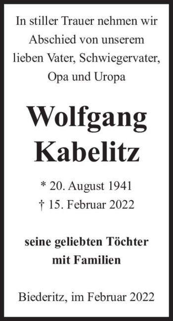 Traueranzeige von Wolfgang Kabelitz  von Magdeburger Volksstimme