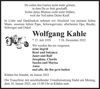 Traueranzeige von Wolfgang Kahle  von Magdeburger Volksstimme