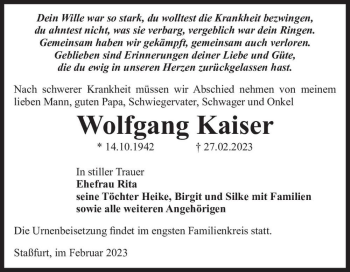 Traueranzeige von Wolfgang Kaiser  von Magdeburger Volksstimme