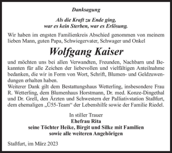 Traueranzeige von Wolfgang Kaiser  von Magdeburger Volksstimme