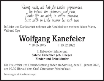 Traueranzeige von Wolfgang Kanefeier  von Magdeburger Volksstimme
