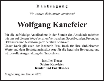 Traueranzeige von Wolfgang Kanefeier  von Magdeburger Volksstimme