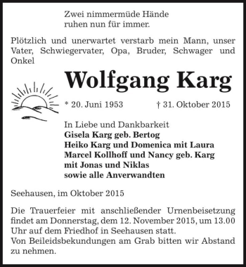 Traueranzeige von Wolfgang Karg  von Magdeburger Volksstimme