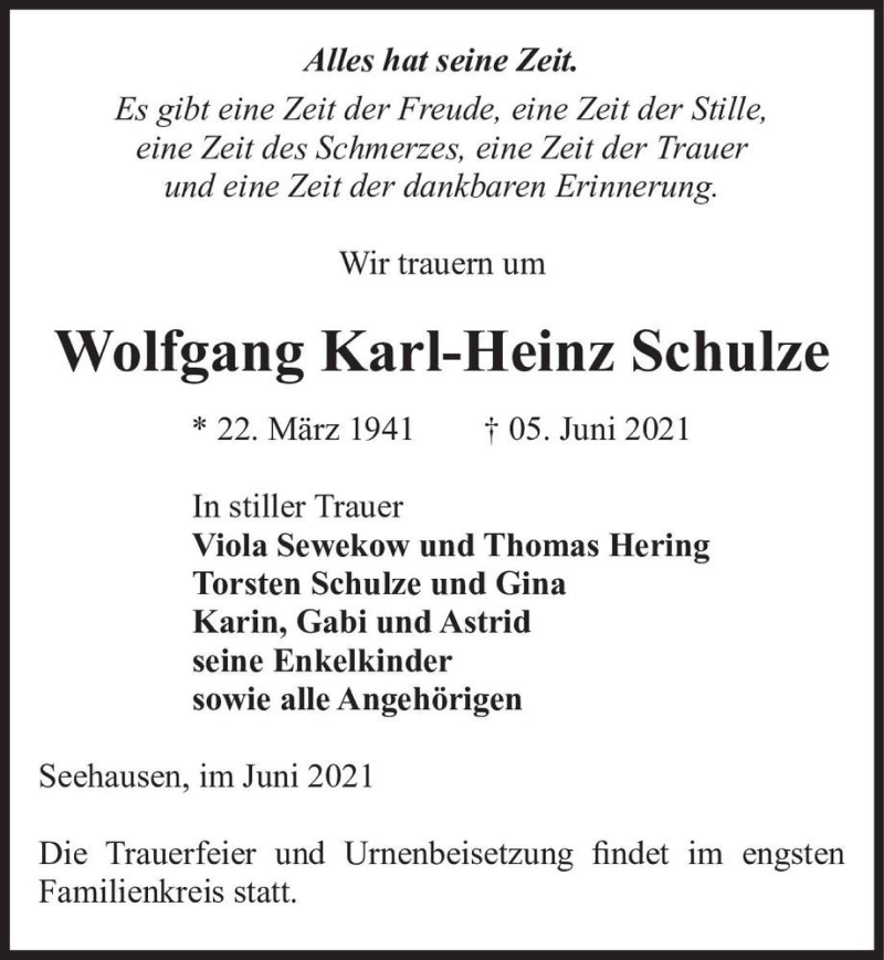  Traueranzeige für Wolfgang Karl-Heinz Schulze  vom 09.06.2021 aus Magdeburger Volksstimme