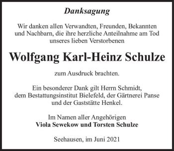 Traueranzeige von Wolfgang Karl-Heinz Schulze  von Magdeburger Volksstimme
