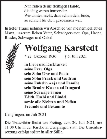 Traueranzeige von Wolfgang Karstedt  von Magdeburger Volksstimme