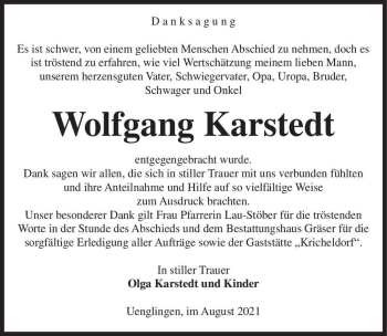 Traueranzeige von Wolfgang Karstedt  von Magdeburger Volksstimme