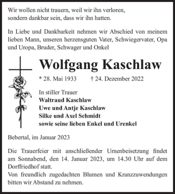 Traueranzeige von Wolfgang Kaschlaw  von Magdeburger Volksstimme