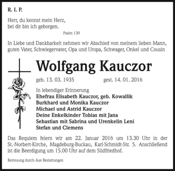 Traueranzeige von Wolfgang Kauczor  von Magdeburger Volksstimme
