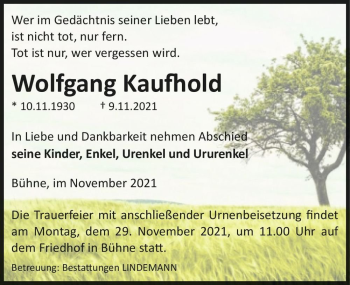 Traueranzeige von Wolfgang Kaufhold  von Magdeburger Volksstimme