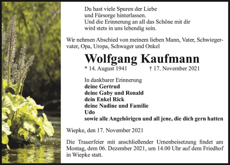  Traueranzeige für Wolfgang Kaufmann  vom 25.11.2021 aus Magdeburger Volksstimme
