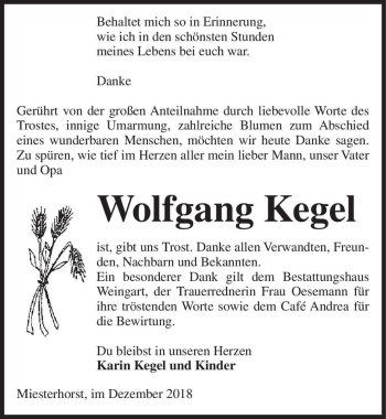 Traueranzeige von Wolfgang Kegel  von Magdeburger Volksstimme