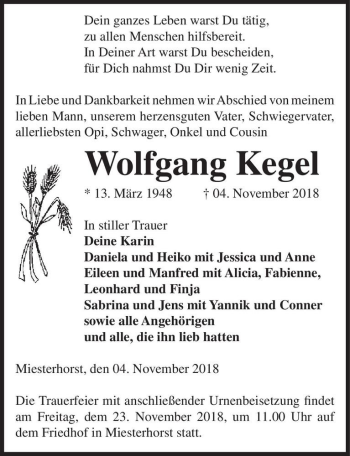 Traueranzeige von Wolfgang Kegel  von Magdeburger Volksstimme