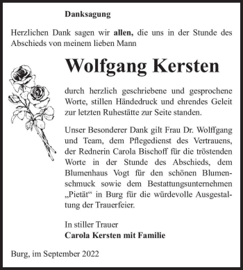 Traueranzeige von Wolfgang Kersten  von Magdeburger Volksstimme
