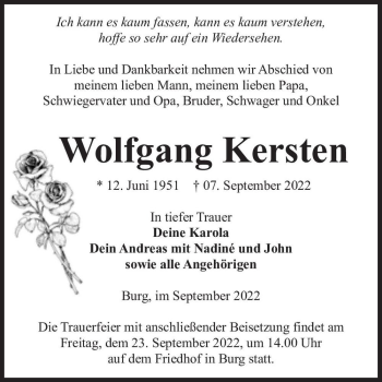 Traueranzeige von Wolfgang Kersten  von Magdeburger Volksstimme