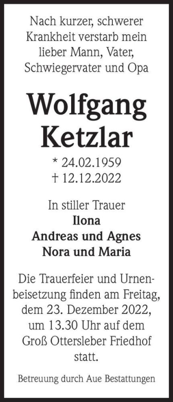 Traueranzeige von Wolfgang Ketzlar  von Magdeburger Volksstimme