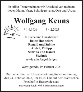 Traueranzeige von Wolfgang Keuns  von Magdeburger Volksstimme