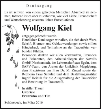 Traueranzeige von Wolfgang Kiel  von Magdeburger Volksstimme